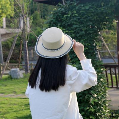 China Wholesale Fashion Retro Beach Sun Hat Seaside Vacation Beach Striped Hats Pearl Lace Straw Hat For Women for sale