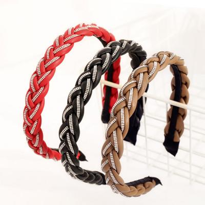 China 2021 Popular Wholesale Shiny Luxury Headbands PU Diamond Headband Twisted Braided Hairband for sale