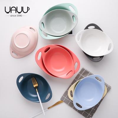 China Sustainable Matte Microwave Tableware Color Ceramic Microwave Salad Bowl With Double Handle for sale