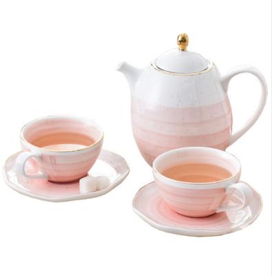 China Viable European Style Hand Painted Pink Color Pot Cup Coffee Tea Set With Gold Rim for sale