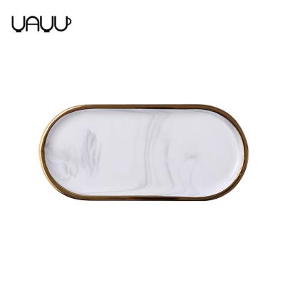 China 12 Inch Sustainable Popular Food Dinnerware Serving Plates / Custom Marble Oval Dish With Gold Rim for sale