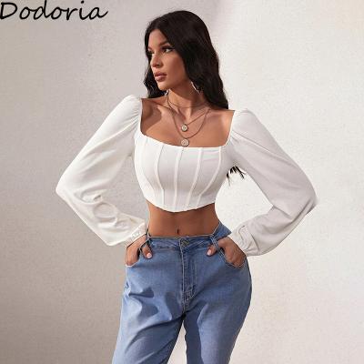 China 2022 Autumn Square Collar Elegant Pleats Women Holiday Shirts Solid Short Long Sleeve Tops Anti-Wrinkle for sale