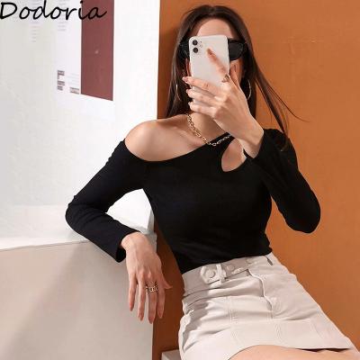 China Anti-wrinkle sexy hollow out casual women's T-shirt off the main cropped skinny one shoulder long sleeve Autumn Solid Elegant Basic Tees 2022 for sale