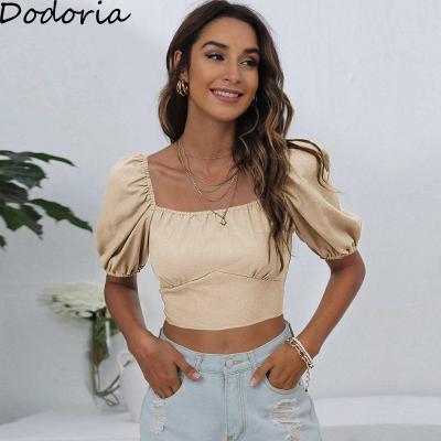 China New Arrival Korean Culture Fashion Square Collar Anti-wrinkle Blouses Women Summer Style Shorts Puff Sleeve Top Shirts Without Solid Back for sale