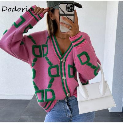 China Breathable Women Cardigan Green Striped Pink Knit V-Neck Winter Loose Casual Fashion Knitted Coat Lady Cardigans Button Sweaters for sale