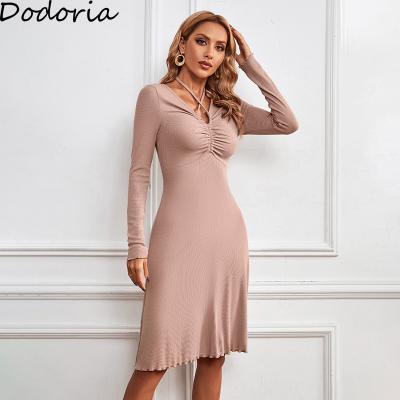 China Custom Made Women Dresses Fashion Apparel Manufacturers Drawstring V Neck Long Sleeve Halter Anti-Static Sexy Cross Dress for sale