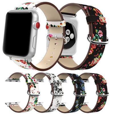 China Fanshion Fashion Flower Printing Genuine Leather Strap For Apple Watch Leather Band 38mm 42mm for sale