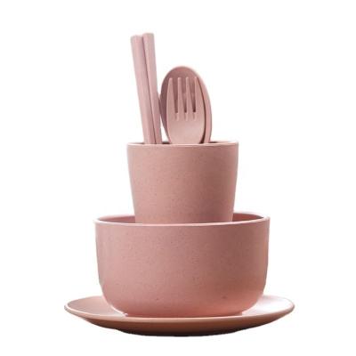 China Sustainable Children's Dinnerware Set 6 Wheat Straw Fiber Biodegradable Dinnerware With Dish, Bowl, Fork, Spoon, Water Cup And Chopsticks for sale