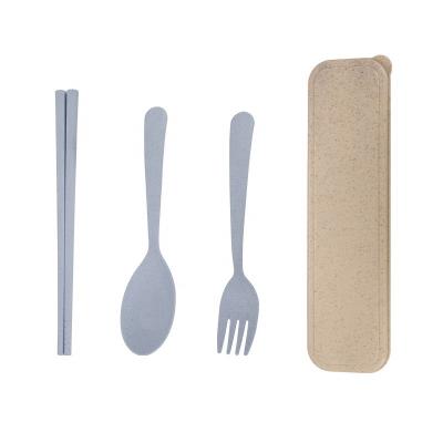 China Eco Friendly Sustainable 3Pcs/set Wheat Straw Outdoor Portable Fork Spoon Chopsticks Flatware Cutlery Set for sale