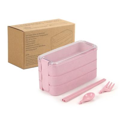 China Creative Outdoor Microwavable Lunch Box Degradable Three-Layer Picnic Student Lunch Box Straw Wheat Lunch Box For Kids for sale