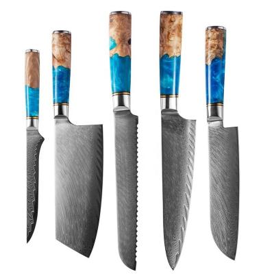 China 5 Pieces/Set Damascus Resin Sharp Handle Sushi Colorful Sashimi Cooking Chef Knife Set Stainless Steel Kitchen Knife for sale