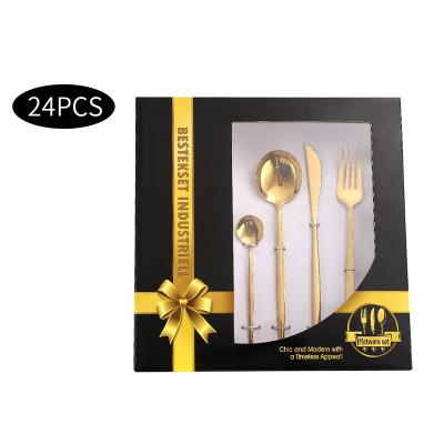 China Amazon best wedding flatware 410stainless steel 24pc knife fork spoon gift viable gold wholesale cutlery set with box for sale