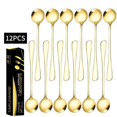 China Popular Amazon Gold Ice Cream Round Spoon 2022 Viable 12 Piece Set Custom 410 Stainless Steel Gold Teaspoon Metal Dessert Tea Spoon for sale