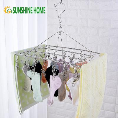 China Multifunctional Stainless Steel Hook Windproof Drying Racks Home Laundry Socks Hanger With Clip for sale