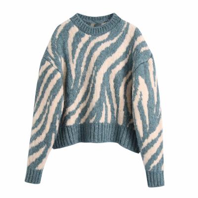 China Anti-wrinkle ladies sweater o neck sleeve autumn spring women long casual knit zebra stripe pullover for sale