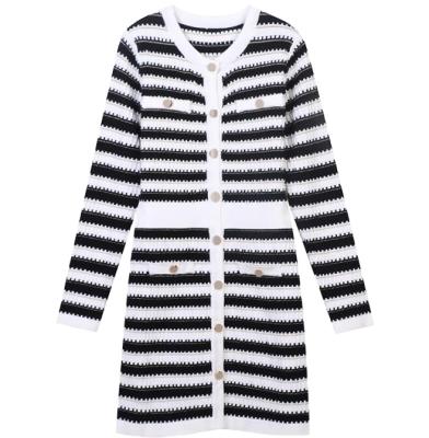 China 2021 White Crew Neck Black Anti-pilling Striped Pattern Ladies Sweater Dress for sale