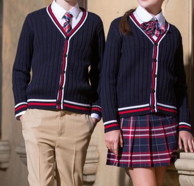 China High Quality School V-Neck Ribbed Knitting Pattern Cardigan High School Unisex Sweater for sale