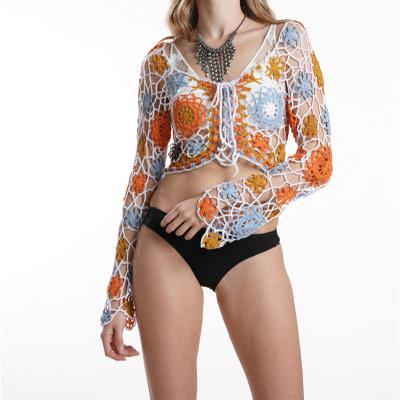 China 2022 Latest Design V-Neck Summer Breathable Colorful Ladies Crochet Beach Sweater for sale