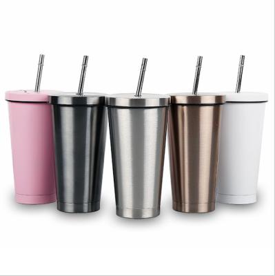 China Sustainable 500ml Double Wall Thermal Insulated Stainless Steel Coffee Mug With Straw for sale