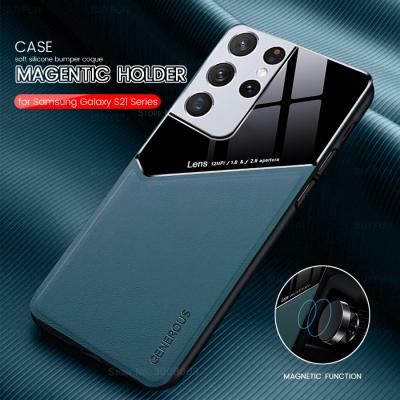 China Magnetic Texture Shockproof Leather Car Case S21 Ultra Magnetic Holder Back Covers For S 21 Ultra Plus Fe Soft Frame Shockproof Shell for sale