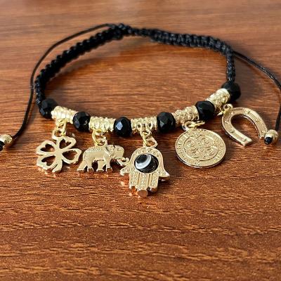 China Religious Red Blue fatima hand Gold Bracelet For Women As Jewelry Gift And Friendship Lucky Clover Palm Bracelet for sale