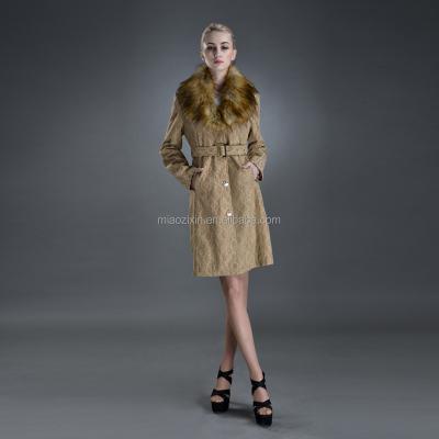 China New Latest Designs Flower Leather Covered Women's Anti-Shrink PU Lace Clothes Fur Collar Coat for sale