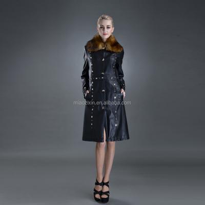 China Fashion News News Fashion Overcoat Black Collar Heavy Design Women Anti-Shrink Long PU Leather Coat for sale