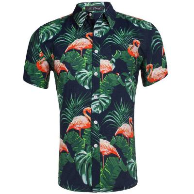 China New Fashionable Custom Printed Anti-Wrinkle Cotton Short Sleeve Shirt Party Use Leaf Print Casual Slim Fit Men Hawaiian Beach Shirt for sale