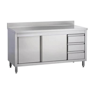 China Modern Stainless Steel201/304 Stainless Steel Restaurant Sliding Door Cabinet Work Table With Doors Drawers Splash Back for sale