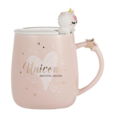 China Custom Unicorn Viable Cup Cartoon Pink Maker Water Mug Lovely With Lid Spoon Simple Ceramic Cup for sale