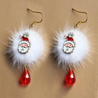 China Customization Ornaments Cute White Pom Pom Gold Plated Hook Earrings Santa Deer Pom Crystal Pendant New Christmas for sale