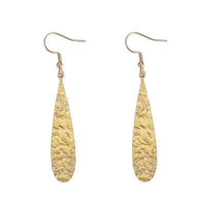 China Vintage Unique Long Drop Shape Hammered Stainless Steel Gold Plated Earrings for sale