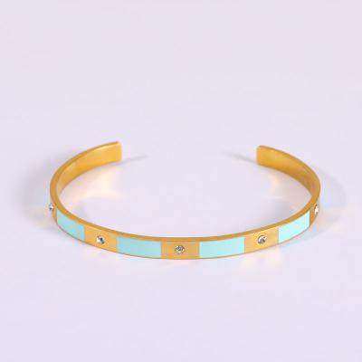 China Chic Wholesale Blue Green Vintage Enamel Zircon Diamond Cut Bangle Gold Plated Cuff Bangle Bracelet for sale