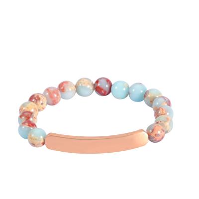 China Vintage High Grade Natural Blue Snakeskin Stone Gemstone Bracelet Matte18K Rose Gold Wide Stainless Steel Beads Stretch Bracelets for sale