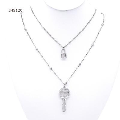 China Wholesale Fashion Charm JHS120 Stainless Steel Double Layer Key And Lock Pendant Necklace Silver Stainless Steel for sale