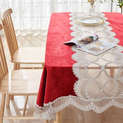 China Waterproof Modern Luxury Embroidered Velvet Lace Tablecloth Wedding Decor Fancy Dining Table Cloths for sale