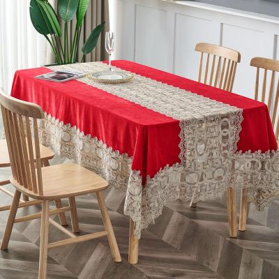 China Rectangle waterproof popular home beige tablecloth custom made velvet lace textile tablecloth dining table covers for sale