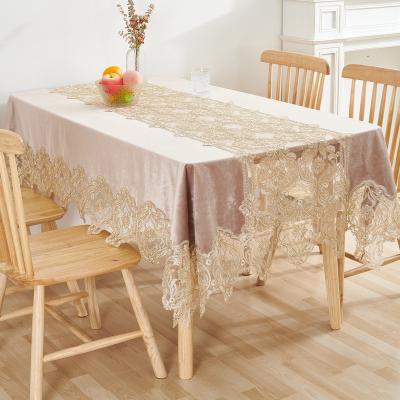 China Waterproof Luxury Europe Embroidered Floral Flower Gold Lace Gold Table Dining Table Cover Velvet Table Cloth for sale