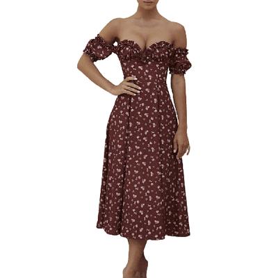 China Breathable Factory Wholesales Vintage New Style Women Floral Printed A Line One Shoulder Ruffled Sleeve Beach Sexy Off-the-Shoulder Dress for sale