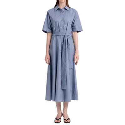 China Wholesales Summer Breathable Ladies Refine Solid Color Button Up Short Sleeve Maxi Dress Lapel Breathable Casual Shirt Dress With Sash for sale