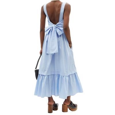 China Summer Anti-static Elegant Cotton Strap Dress Factory Casual Ladies Dress Tie Back Hollow Bow With Pockets for sale