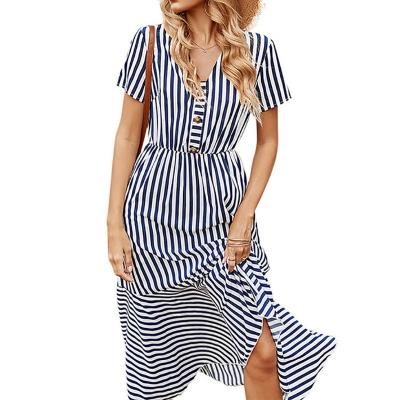 China 2022 New Summer Vacation Women's Long Sleeve Maxi Dresses Fancy Beach Loose Anti-static Casual Short Stripe Button Long Lady Dress for sale