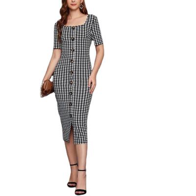 China Fashion Breathable Stylish Temperament Casual Wear Women's Clothing Square Collar Slim Fit Shorts Sheath Retro Plaid Hip Dresses for sale