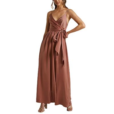 China European American Breathable Satin V-Neck Sleeveless Evening Dress Sexy Elegant Backless Tie Up Spaghetti Strapped Long Dresses for sale