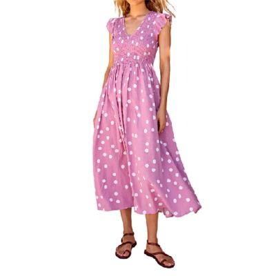 China 2022 Summer Breathable Hot Sales Love Short Sleeve V-Neck Ruffled Women Dress Vacation Polka Dot Printed Casual Girl's Long Maxi Dresses for sale