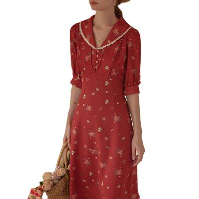 China Lady Anti-Static Elegant New Temperament Women Dresses Fashion Lapel Floral Mid Length Summer Dress One Line Red Dress for sale