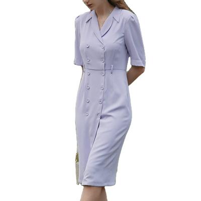 China New Summer Anti-static Premium Women's Office Workplace Middle Sleeve Dress Formal Double Row Purple Button Collar Suit Dress for sale