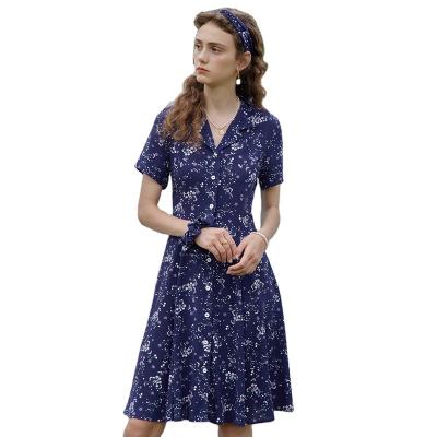 China Anti-Static Shirt Dresses Women Casual Summer Blue Custom Made Dresses For Women Shirt Royal Blue Printed Collar Button Up Dress for sale