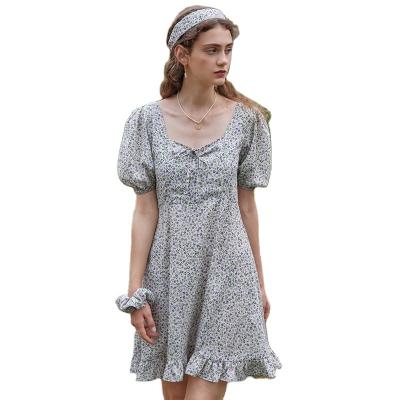 China Anti-Static OEM Customized Digital Printing Casual Dress Stylish New 2023 Summer Casual Women Square Neck Bubble Sleeve Ruffles Dre Floral for sale