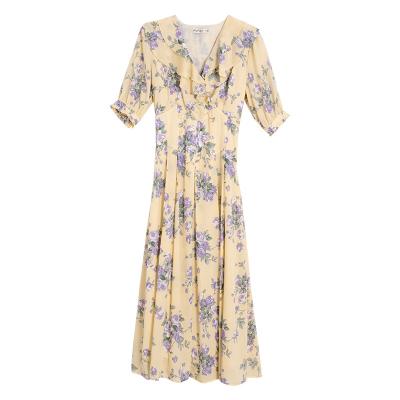 China OEM Anti-Static Digital Printing Rose Printing Lotus V-neck Long Casual Dress Women's Elegant And Finished Yellow Dress Summer for sale